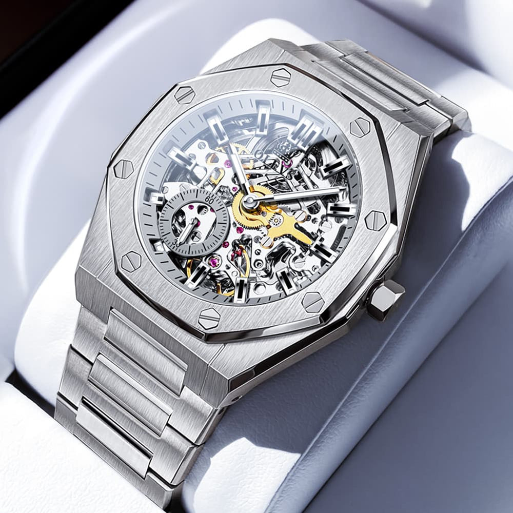OLEVS 6669 Stainless Steel Octagonal Skeleton Watch for Men - All Black Watch | Olevs Watch Store