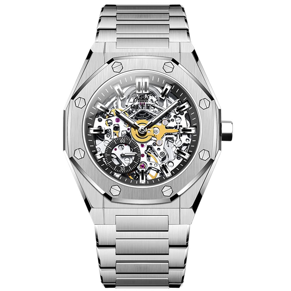 OLEVS 6669 Stainless Steel Octagonal Skeleton Watch for Men - All Black Watch | Olevs Watch Store