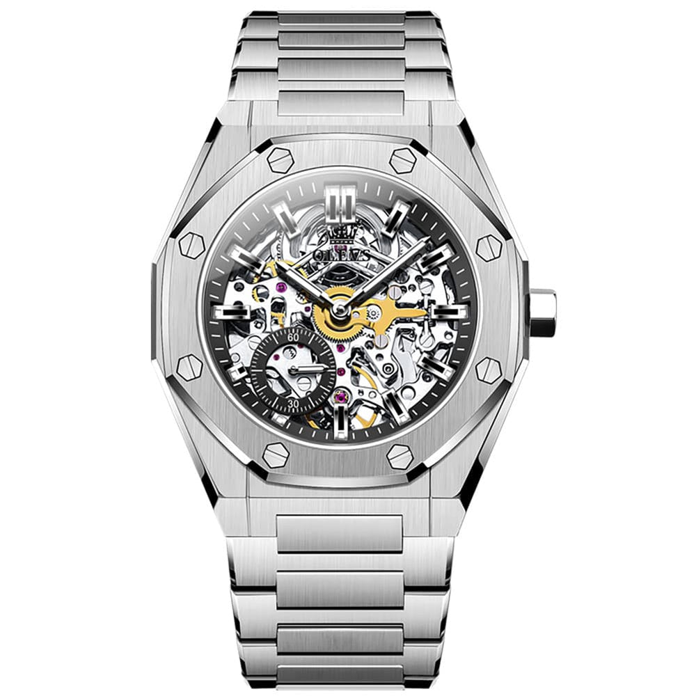 OLEVS 6669 Stainless Steel Octagonal Skeleton Watch for Men - All Black Watch | Olevs Watch Store