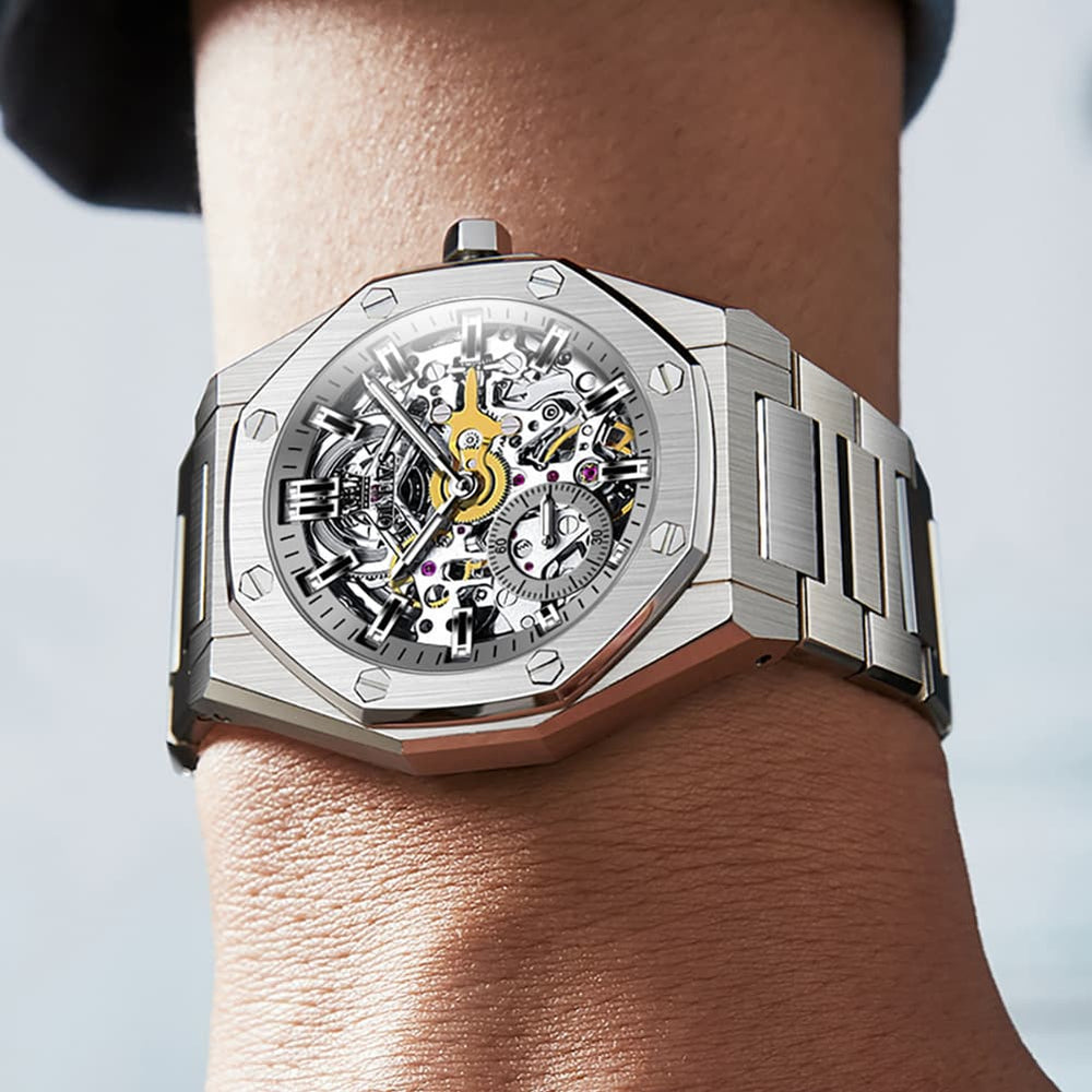 OLEVS 6669 Stainless Steel Octagonal Skeleton Watch for Men - All Black Watch | Olevs Watch Store