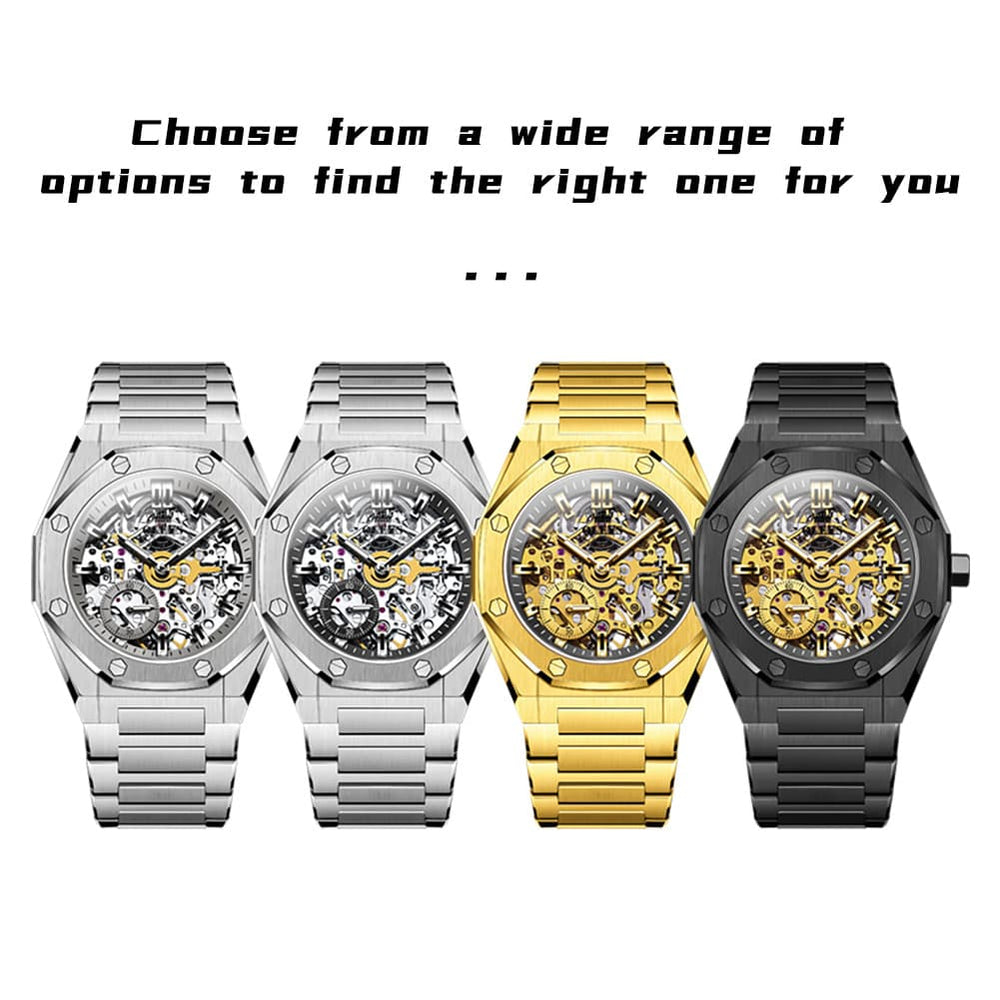 OLEVS 6669 Stainless Steel Octagonal Skeleton Watch for Men - All Black Watch | Olevs Watch Store