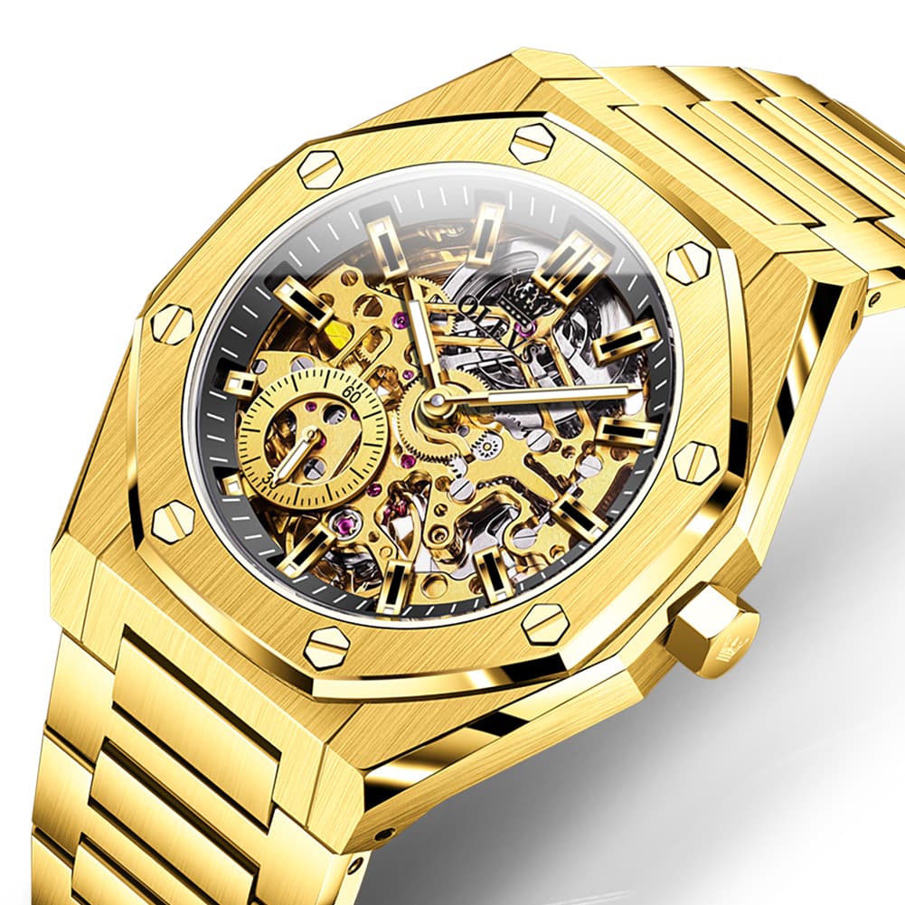 OLEVS 6669 Stainless Steel Octagonal Skeleton Watch for Men - All Gold Watch | Olevs Watch Store