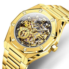 OLEVS 6669 Stainless Steel Octagonal Skeleton Watch for Men - All Gold Watch | Olevs Watch Store