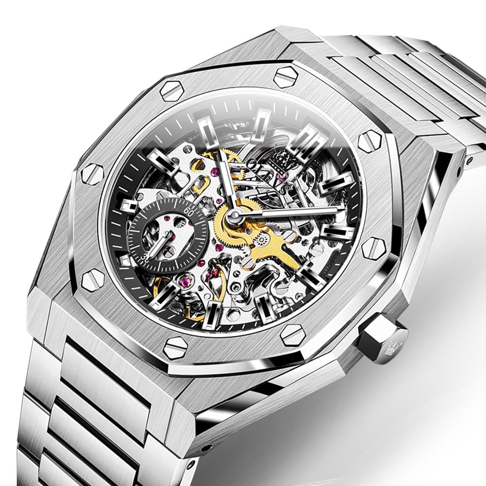 OLEVS 6669 Stainless Steel Octagonal Skeleton Watch for Men - Silver Black Watch | Olevs Watch Store