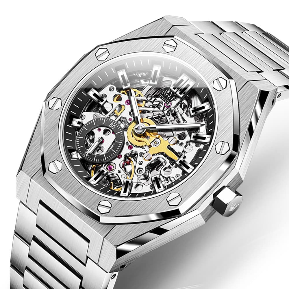 OLEVS 6669 Stainless Steel Octagonal Skeleton Watch for Men - Silver Black Watch | Olevs Watch Store