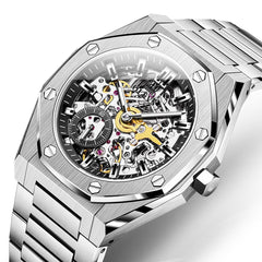OLEVS 6669 Stainless Steel Octagonal Skeleton Watch for Men - Silver Black Watch | Olevs Watch Store