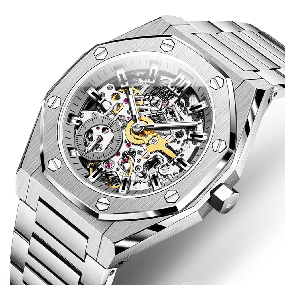 OLEVS 6669 Stainless Steel Octagonal Skeleton Watch for Men - Silver White Watch | Olevs Watch Store