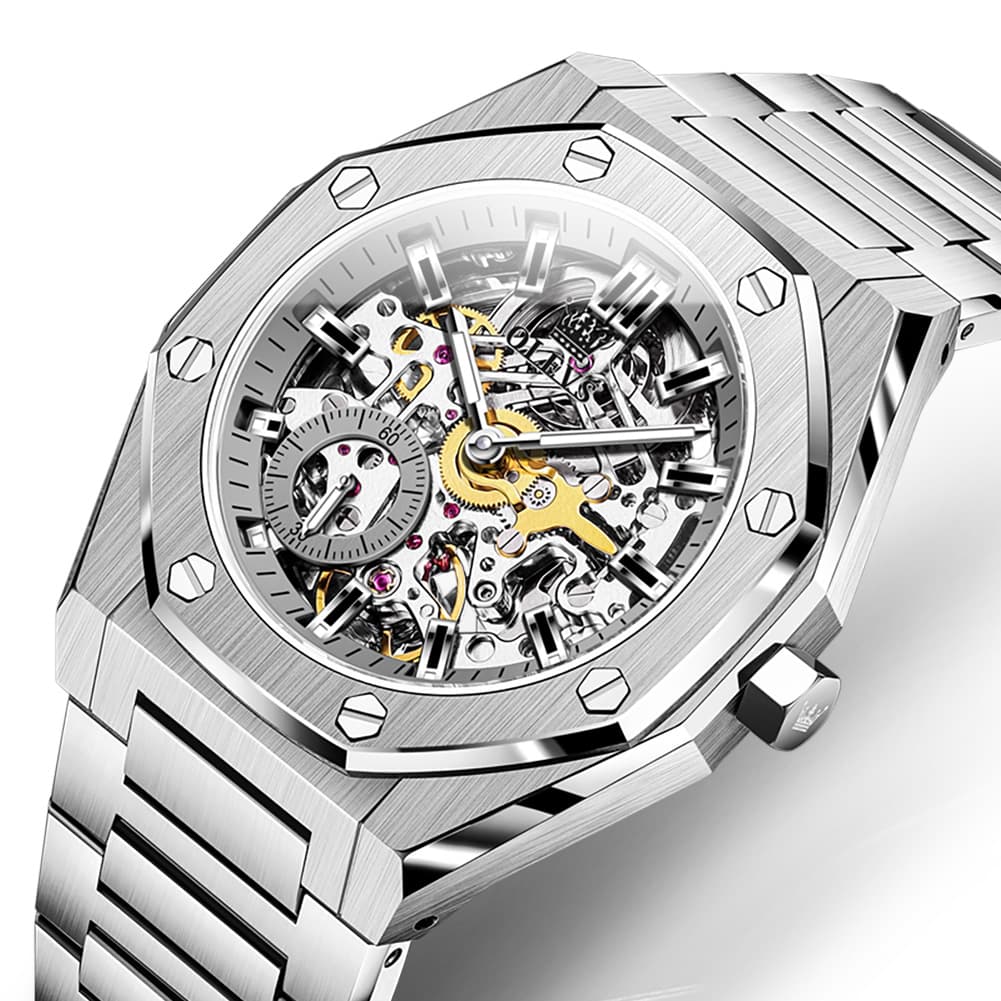 OLEVS 6669 Stainless Steel Octagonal Skeleton Watch for Men - Silver White Watch | Olevs Watch Store