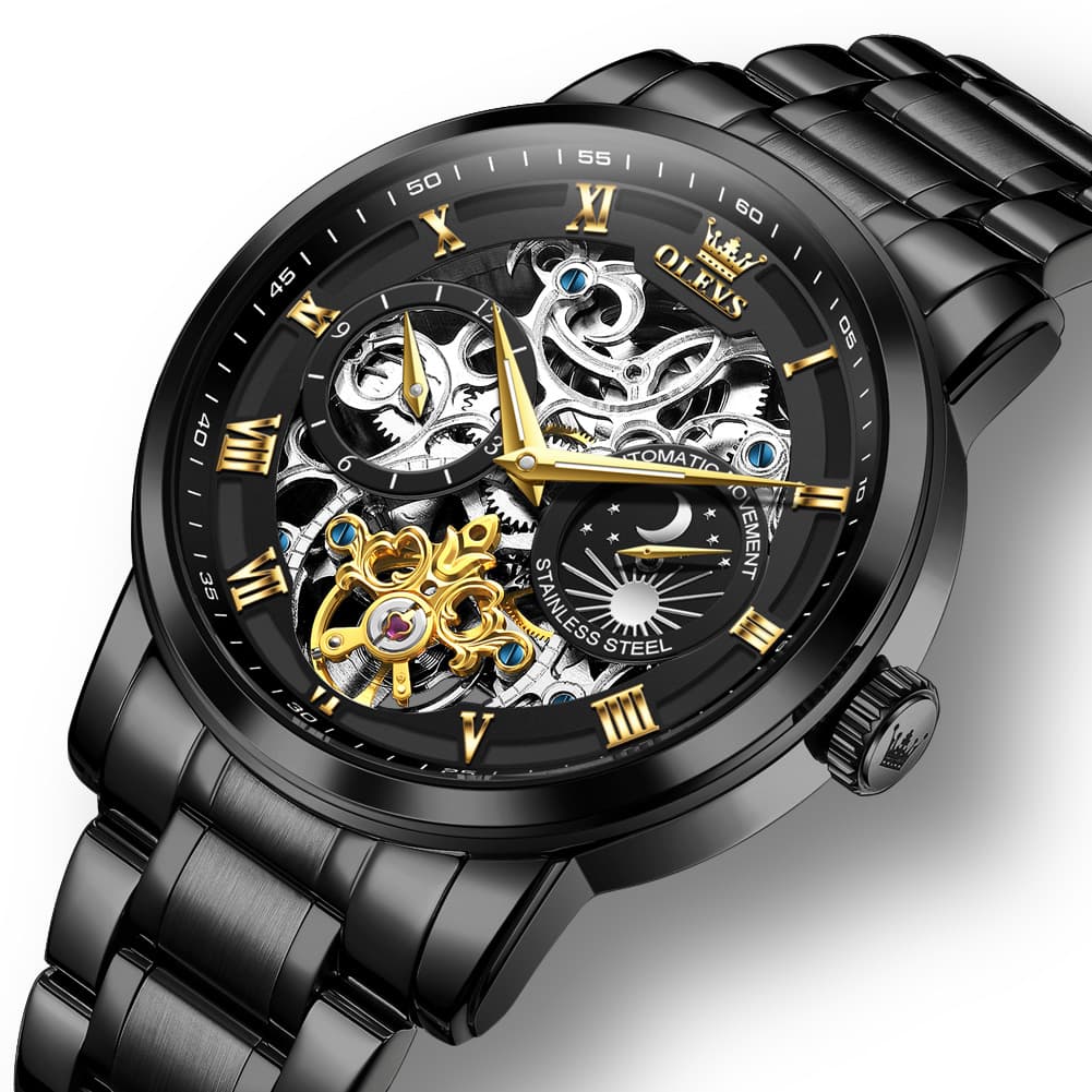 OLEVS 6670 Stainless Steel Skeleton Mechanical Watch for Men - All Black Watch | Olevs Watch Store