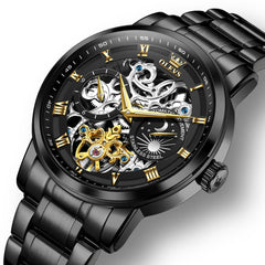 OLEVS 6670 Stainless Steel Skeleton Mechanical Watch for Men - All Black Watch | Olevs Watch Store
