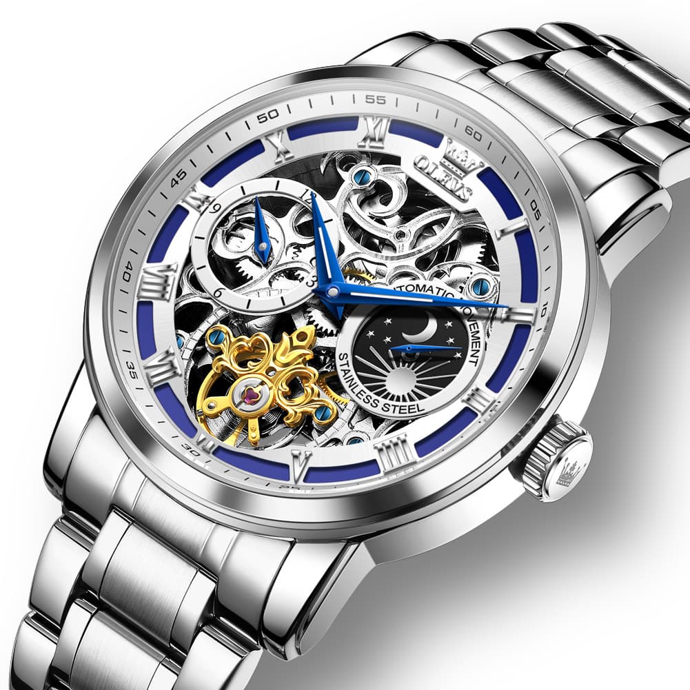 OLEVS 6670 Stainless Steel Skeleton Mechanical Watch for Men - Silver Blue Watch | Olevs Watch Store