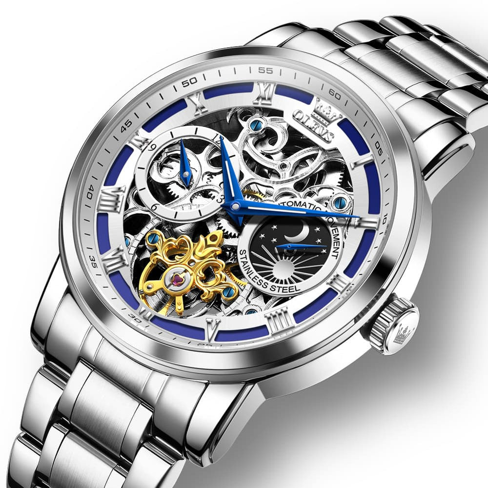 OLEVS 6670 Stainless Steel Skeleton Mechanical Watch for Men - Silver Blue Watch | Olevs Watch Store