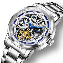 OLEVS 6670 Stainless Steel Skeleton Mechanical Watch for Men - Silver Blue Watch | Olevs Watch Store