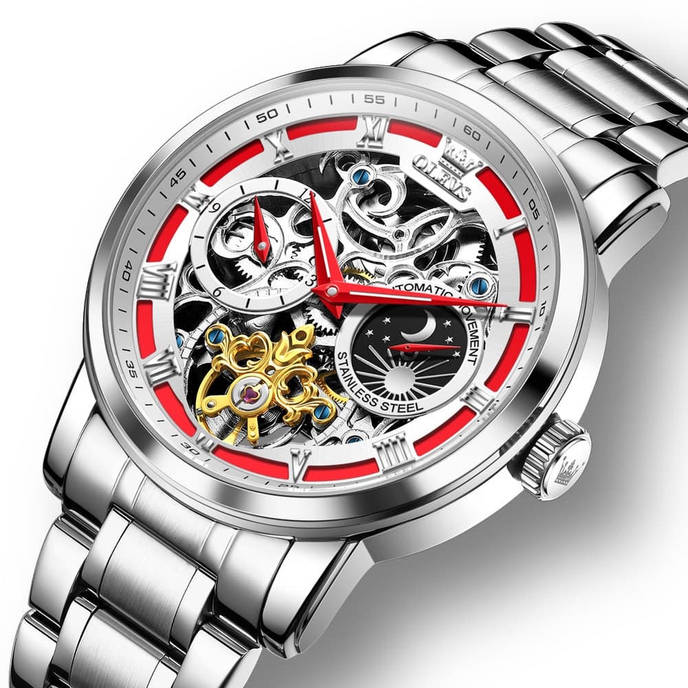 OLEVS 6670 Stainless Steel Skeleton Mechanical Watch for Men - Silver Red Watch | Olevs Watch Store