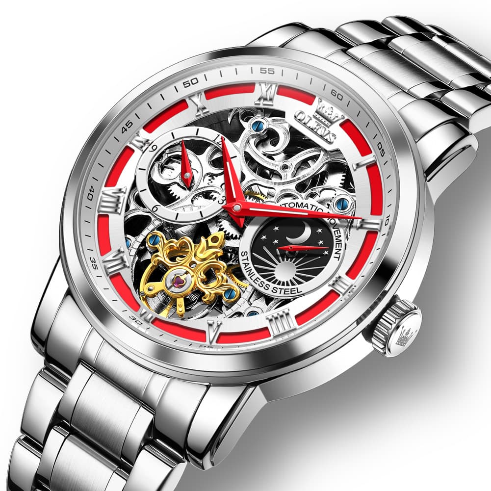 OLEVS 6670 Stainless Steel Skeleton Mechanical Watch for Men - Silver Red Watch | Olevs Watch Store