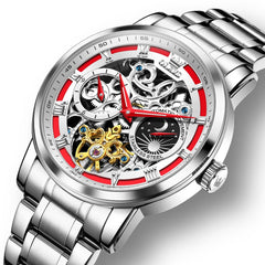 OLEVS 6670 Stainless Steel Skeleton Mechanical Watch for Men - Silver Red Watch | Olevs Watch Store