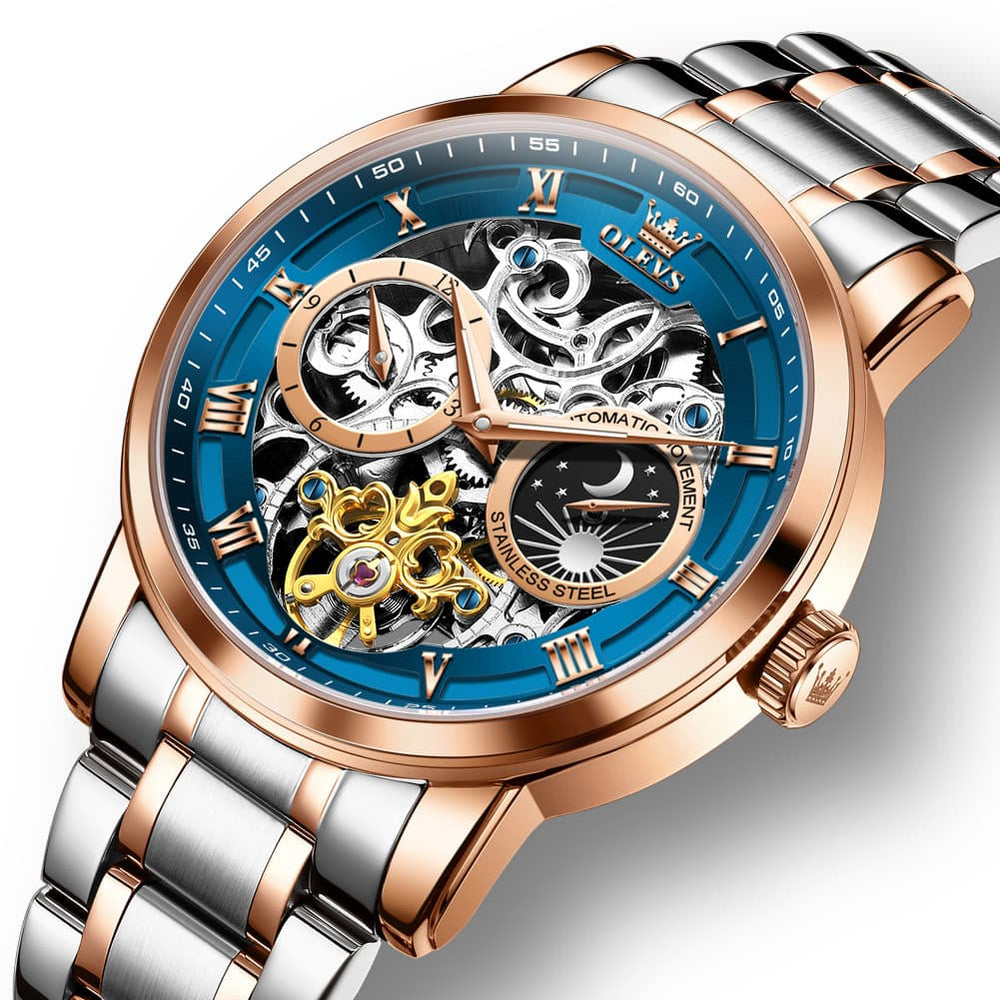 OLEVS 6670 Stainless Steel Skeleton Mechanical Watch for Men - Two-Tone Blue Watch | Olevs Watch Store
