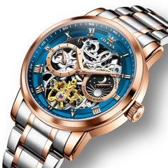OLEVS 6670 Stainless Steel Skeleton Mechanical Watch for Men - Two-Tone Blue Watch | Olevs Watch Store
