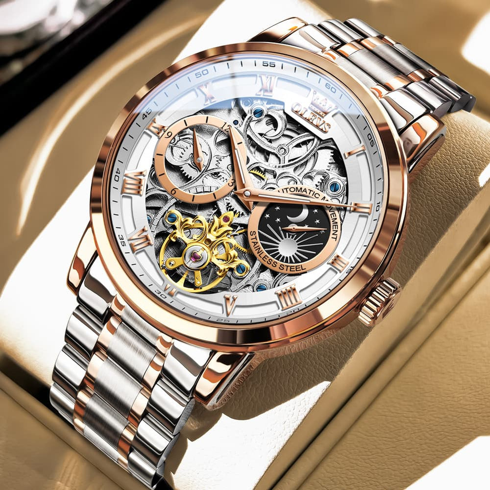 OLEVS 6670 Stainless Steel Skeleton Mechanical Watch for Men - Two-Tone White Watch | Olevs Watch Store