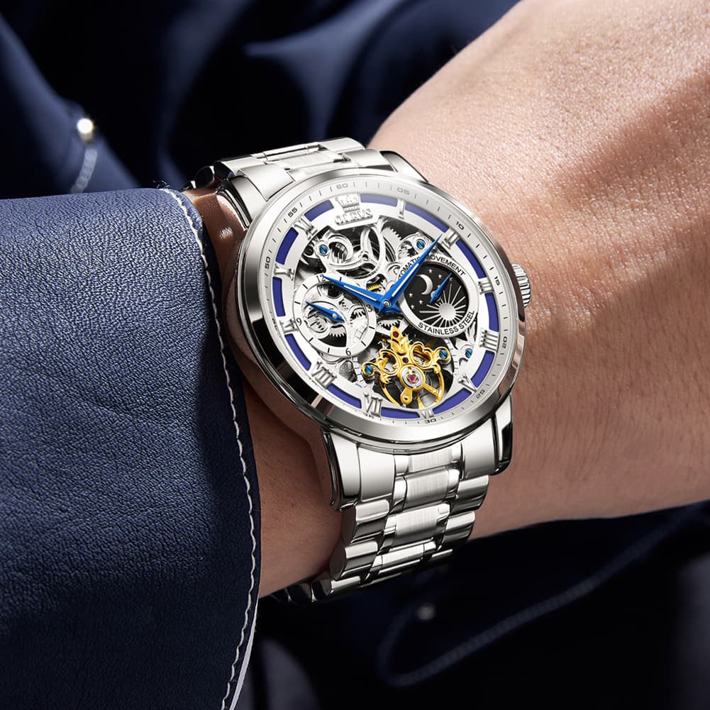 OLEVS 6670 Stainless Steel Skeleton Mechanical Watch for Men - Two-Tone White Watch | Olevs Watch Store