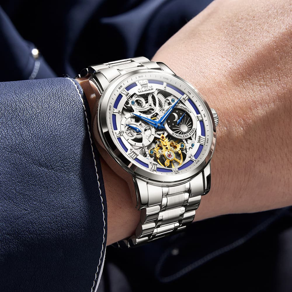 OLEVS 6670 Stainless Steel Skeleton Mechanical Watch for Men - Two-Tone White Watch | Olevs Watch Store