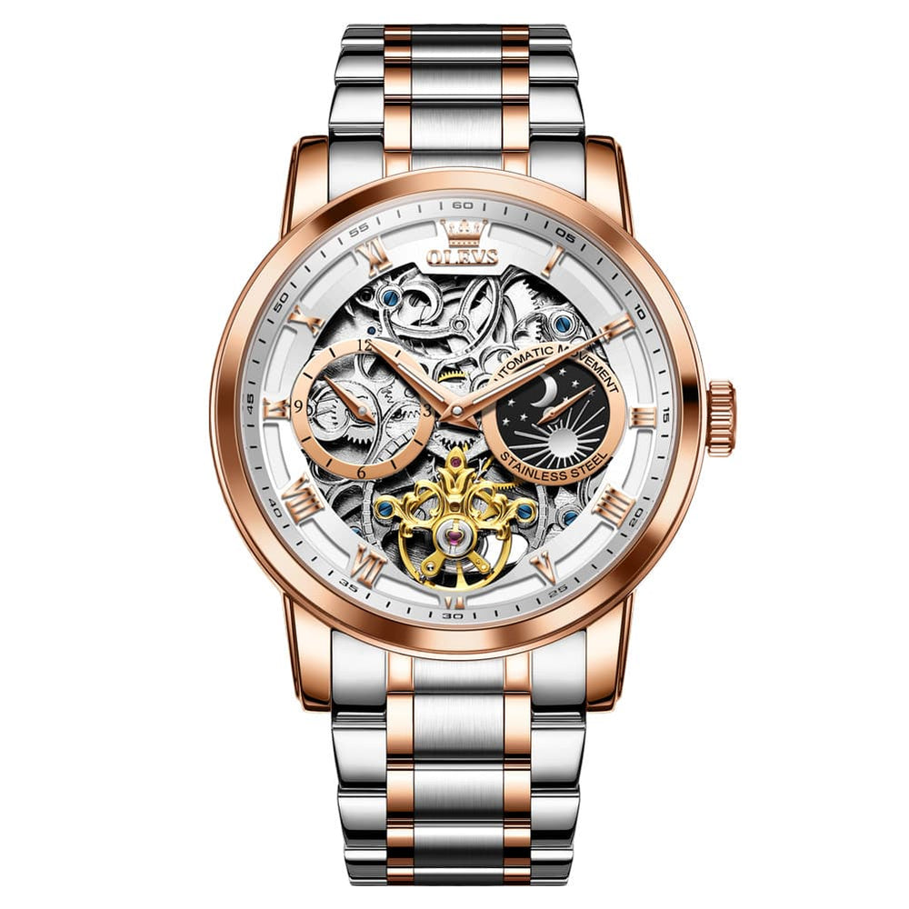 OLEVS 6670 Stainless Steel Skeleton Mechanical Watch for Men - Two-Tone White Watch | Olevs Watch Store