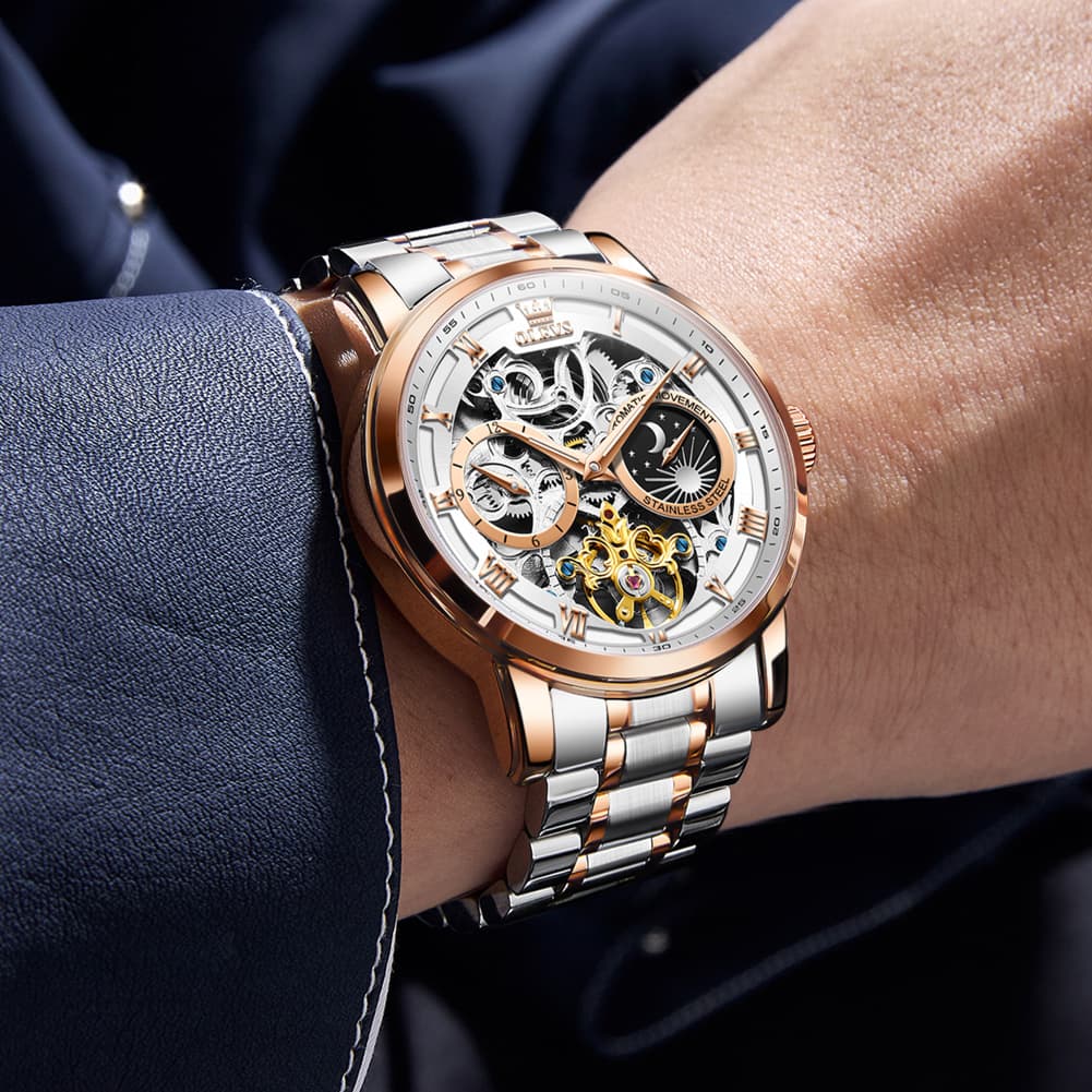 OLEVS 6670 Stainless Steel Skeleton Mechanical Watch for Men - Two-Tone White Watch | Olevs Watch Store