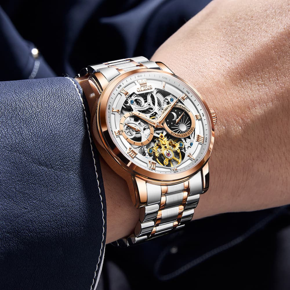 OLEVS 6670 Stainless Steel Skeleton Mechanical Watch for Men - Two-Tone White Watch | Olevs Watch Store