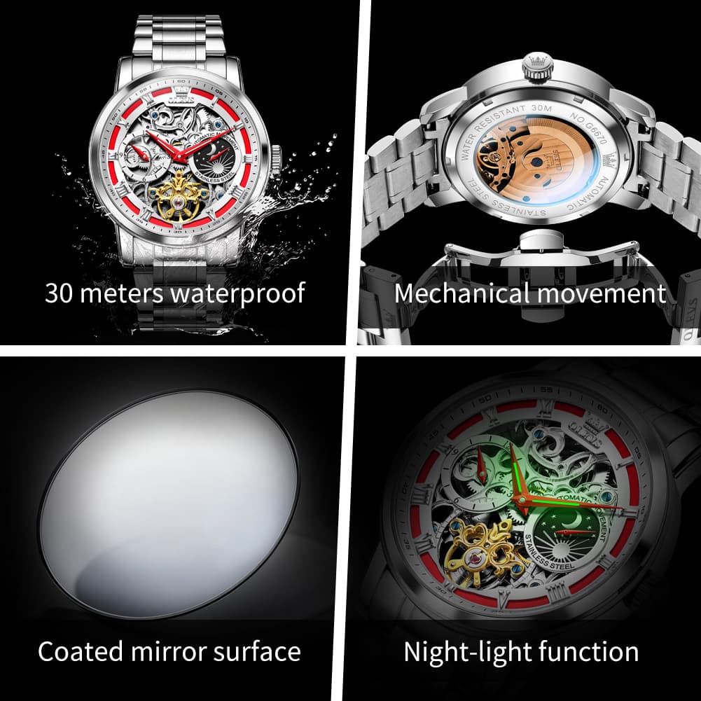 OLEVS 6670 Stainless Steel Skeleton Mechanical Watch for Men - Two-Tone White Watch | Olevs Watch Store