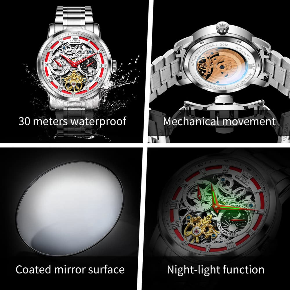 OLEVS 6670 Stainless Steel Skeleton Mechanical Watch for Men - Two-Tone White Watch | Olevs Watch Store