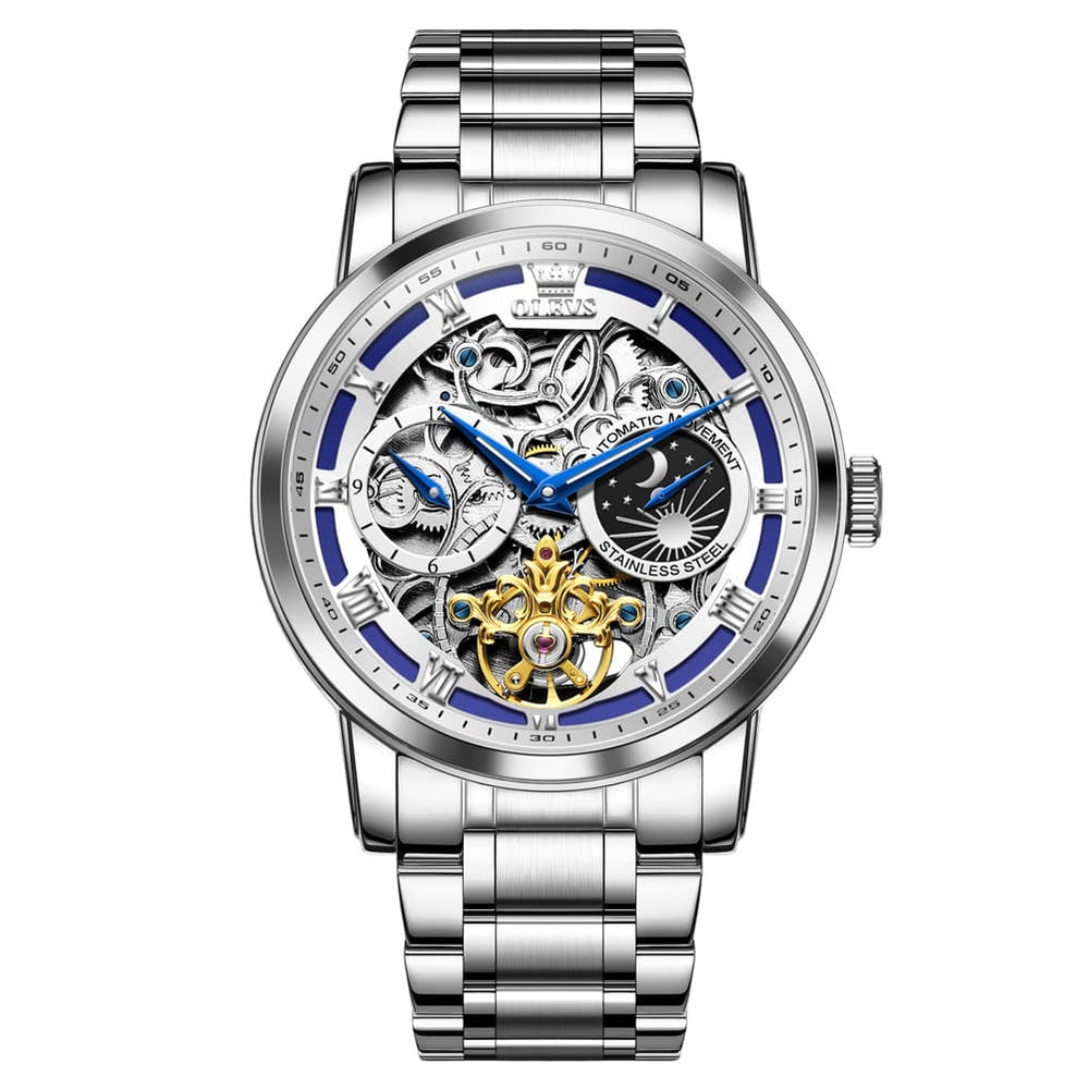 OLEVS 6670 Stainless Steel Skeleton Mechanical Watch for Men - Two-Tone White Watch | Olevs Watch Store
