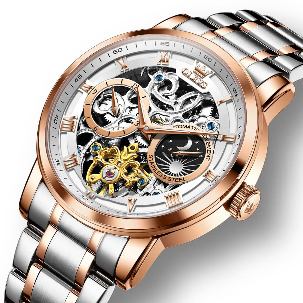 OLEVS 6670 Stainless Steel Skeleton Mechanical Watch for Men - Two-Tone White Watch | Olevs Watch Store