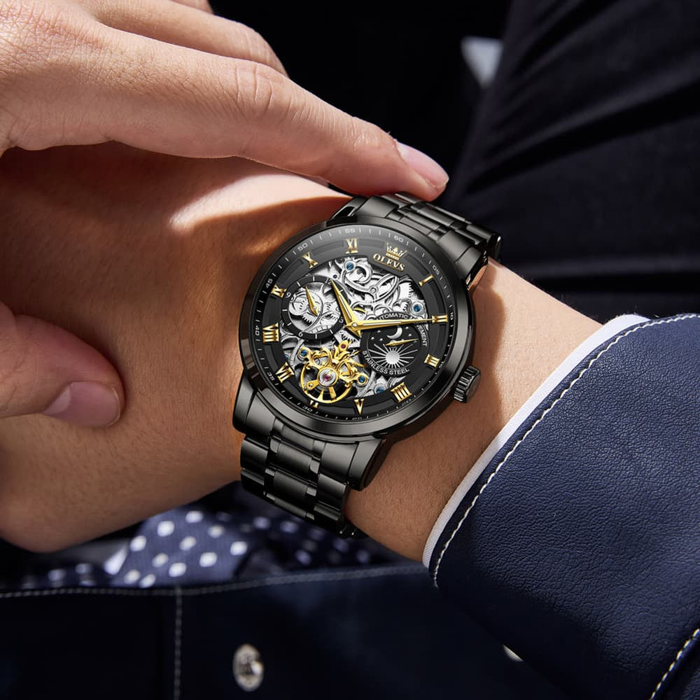 OLEVS 6670 Stainless Steel Skeleton Mechanical Watch for Men - Two-Tone White Watch | Olevs Watch Store