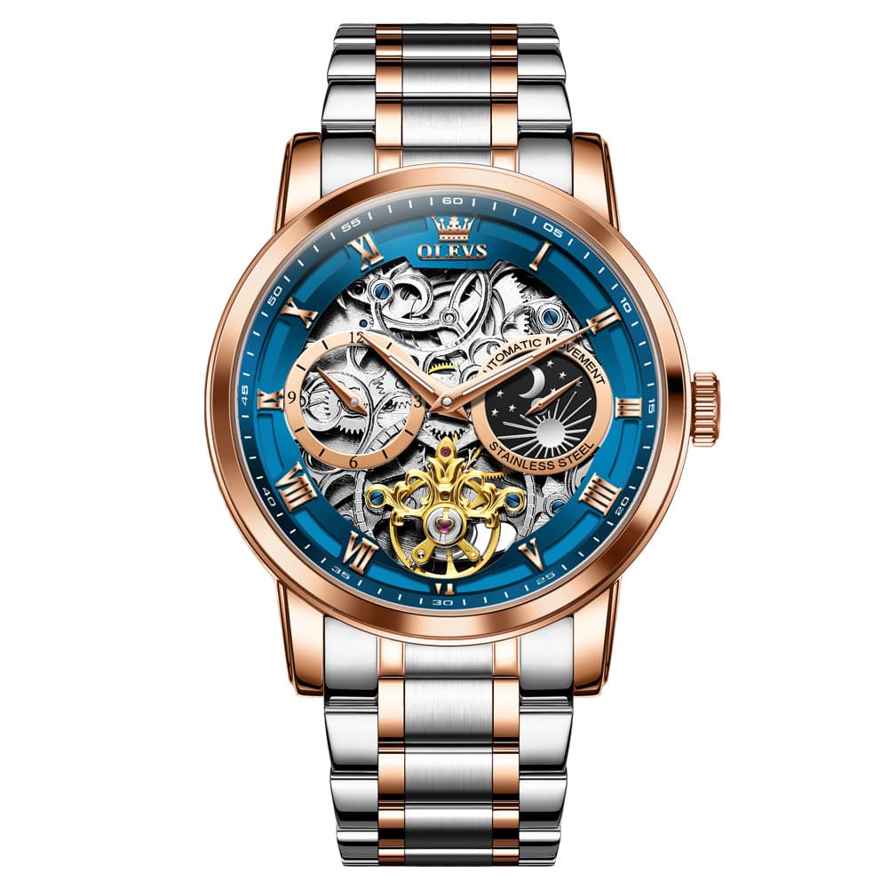 OLEVS 6670 Stainless Steel Skeleton Mechanical Watch for Men - Two-Tone White Watch | Olevs Watch Store