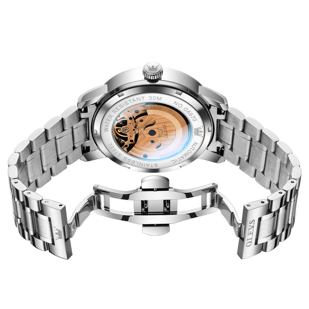 OLEVS 6670 Stainless Steel Skeleton Mechanical Watch for Men - Two-Tone White Watch | Olevs Watch Store