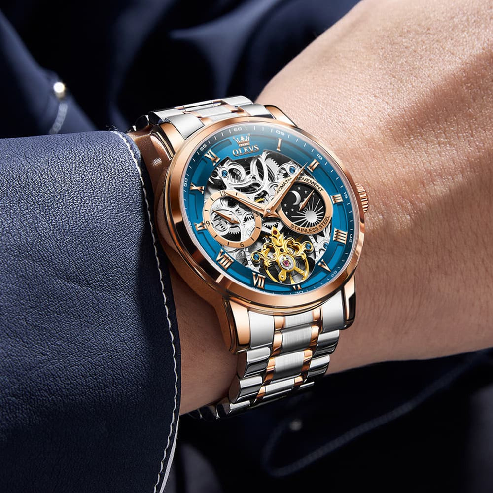 OLEVS 6670 Stainless Steel Skeleton Mechanical Watch for Men - Two-Tone White Watch | Olevs Watch Store