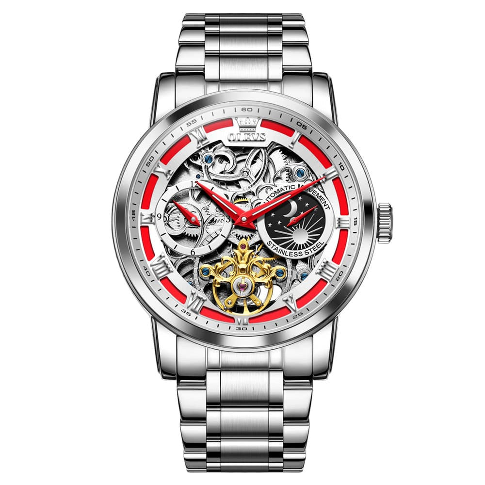OLEVS 6670 Stainless Steel Skeleton Mechanical Watch for Men - Two-Tone White Watch | Olevs Watch Store