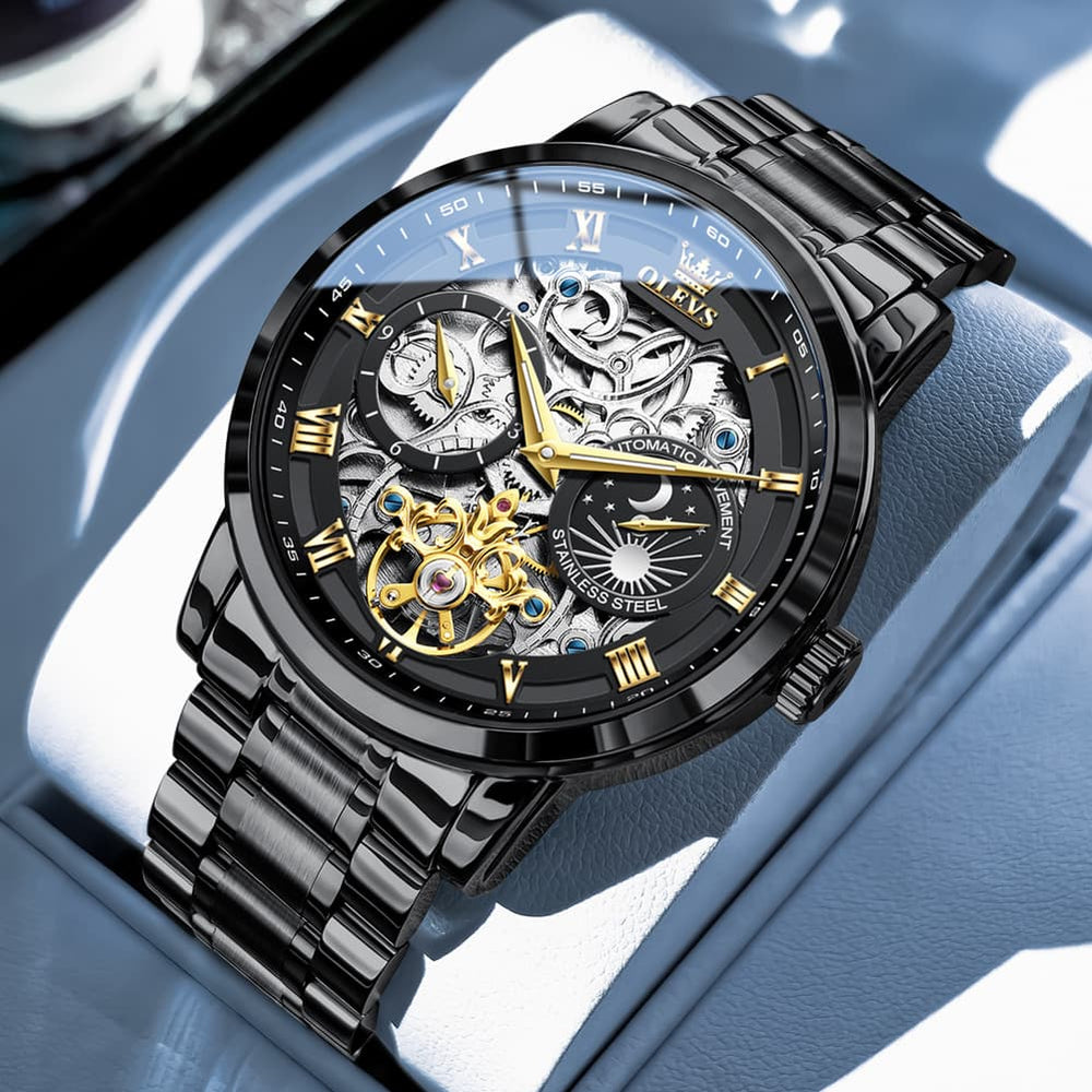 OLEVS 6670 Stainless Steel Skeleton Mechanical Watch for Men - Two-Tone White Watch | Olevs Watch Store