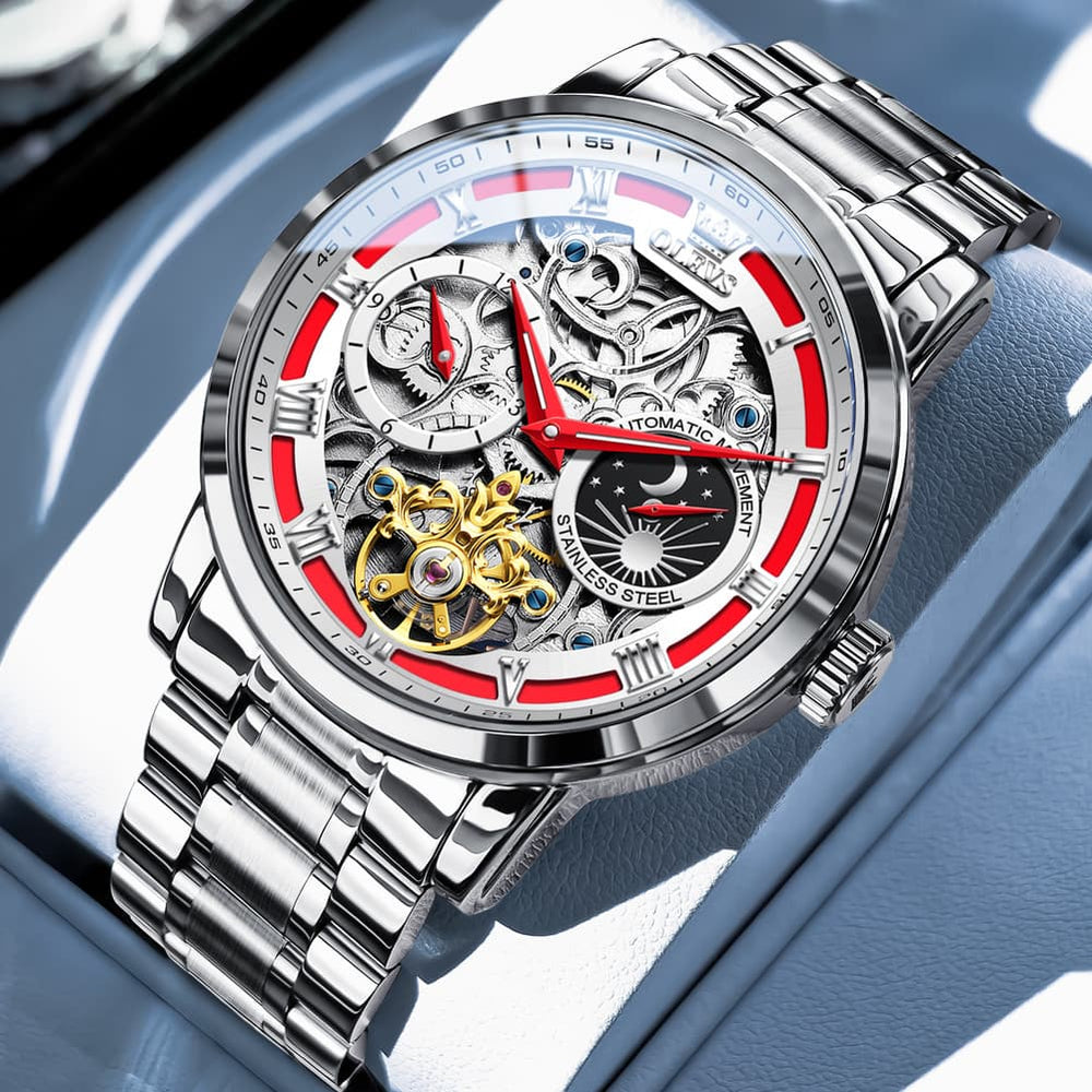 OLEVS 6670 Stainless Steel Skeleton Mechanical Watch for Men - Two-Tone White Watch | Olevs Watch Store