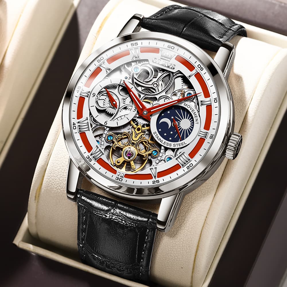 OLEVS 6670P Leather Skeleton Moon Phase Watch for Men - Rose Gold Blue Watch | Olevs Watch Store