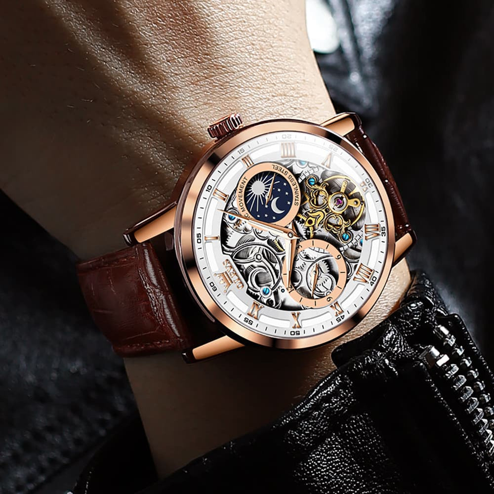 OLEVS 6670P Leather Skeleton Moon Phase Watch for Men - Rose Gold Blue Watch | Olevs Watch Store