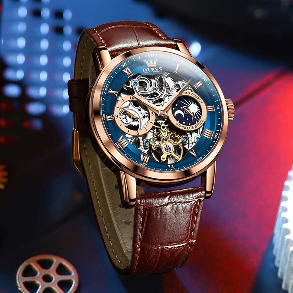 OLEVS 6670P Leather Skeleton Moon Phase Watch for Men - Rose Gold Blue Watch | Olevs Watch Store