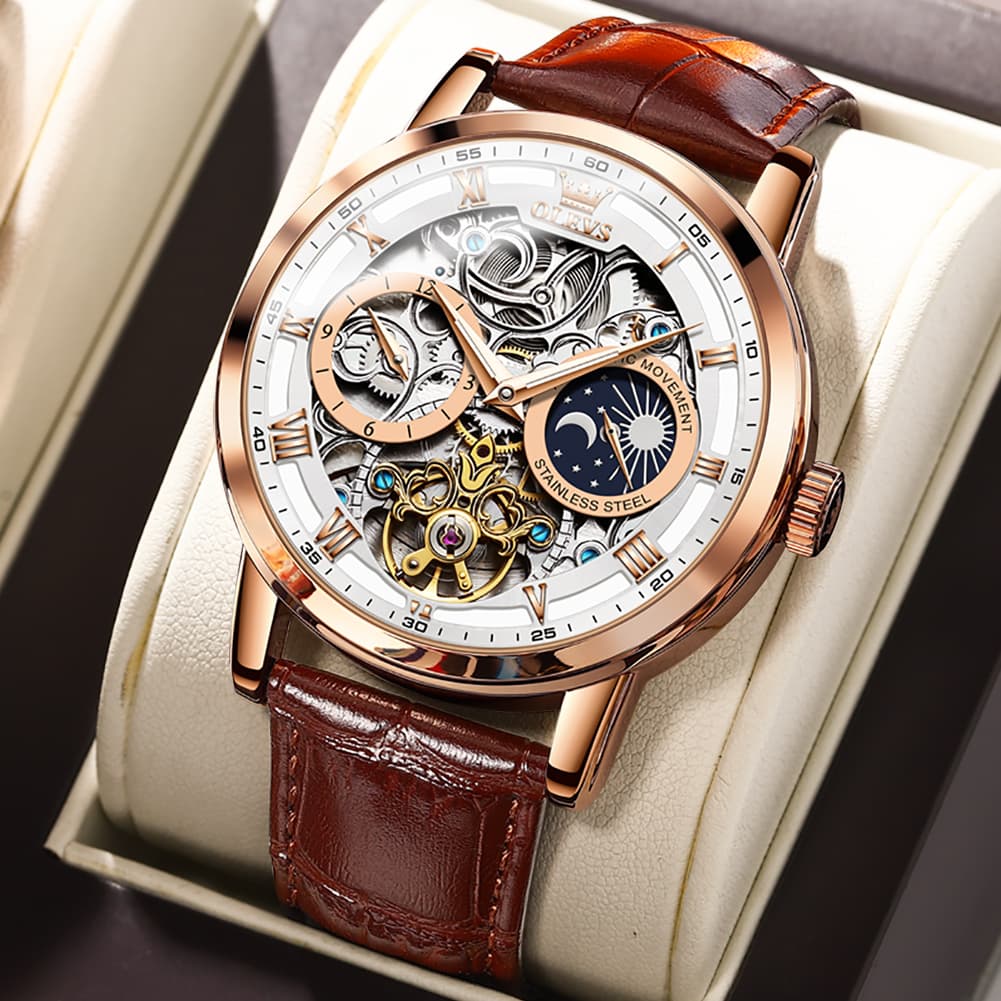 OLEVS 6670P Leather Skeleton Moon Phase Watch for Men - Rose Gold Blue Watch | Olevs Watch Store