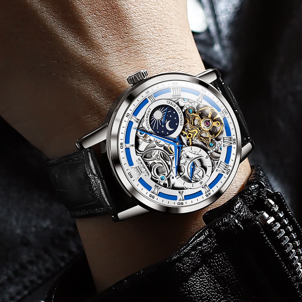 OLEVS 6670P Leather Skeleton Moon Phase Watch for Men - Rose Gold Blue Watch | Olevs Watch Store
