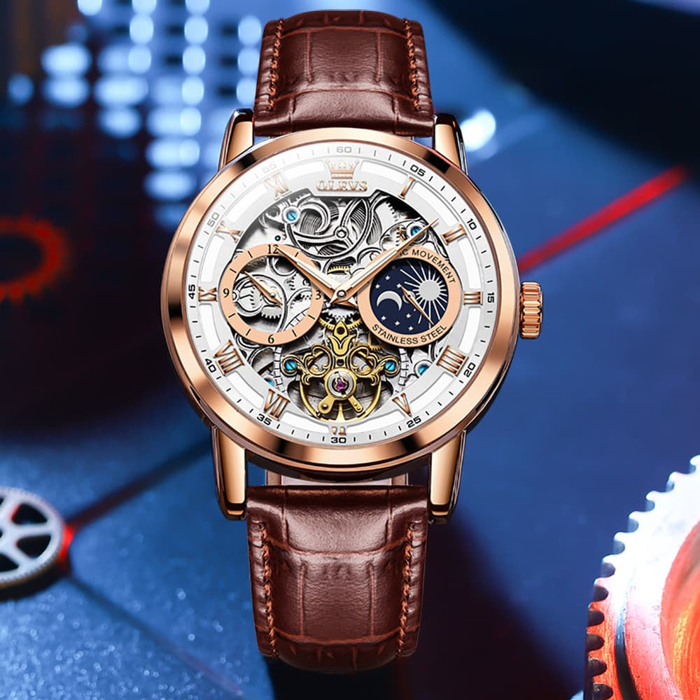OLEVS 6670P Leather Skeleton Moon Phase Watch for Men - Rose Gold Blue Watch | Olevs Watch Store