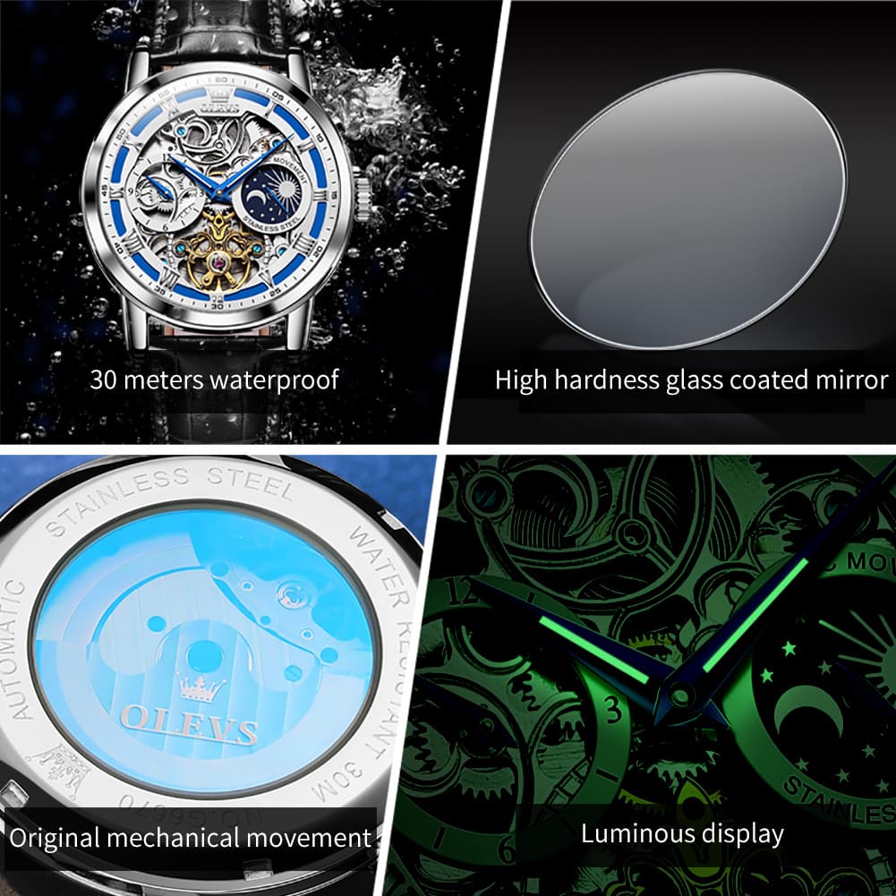 OLEVS 6670P Leather Skeleton Moon Phase Watch for Men - Rose Gold Blue Watch | Olevs Watch Store