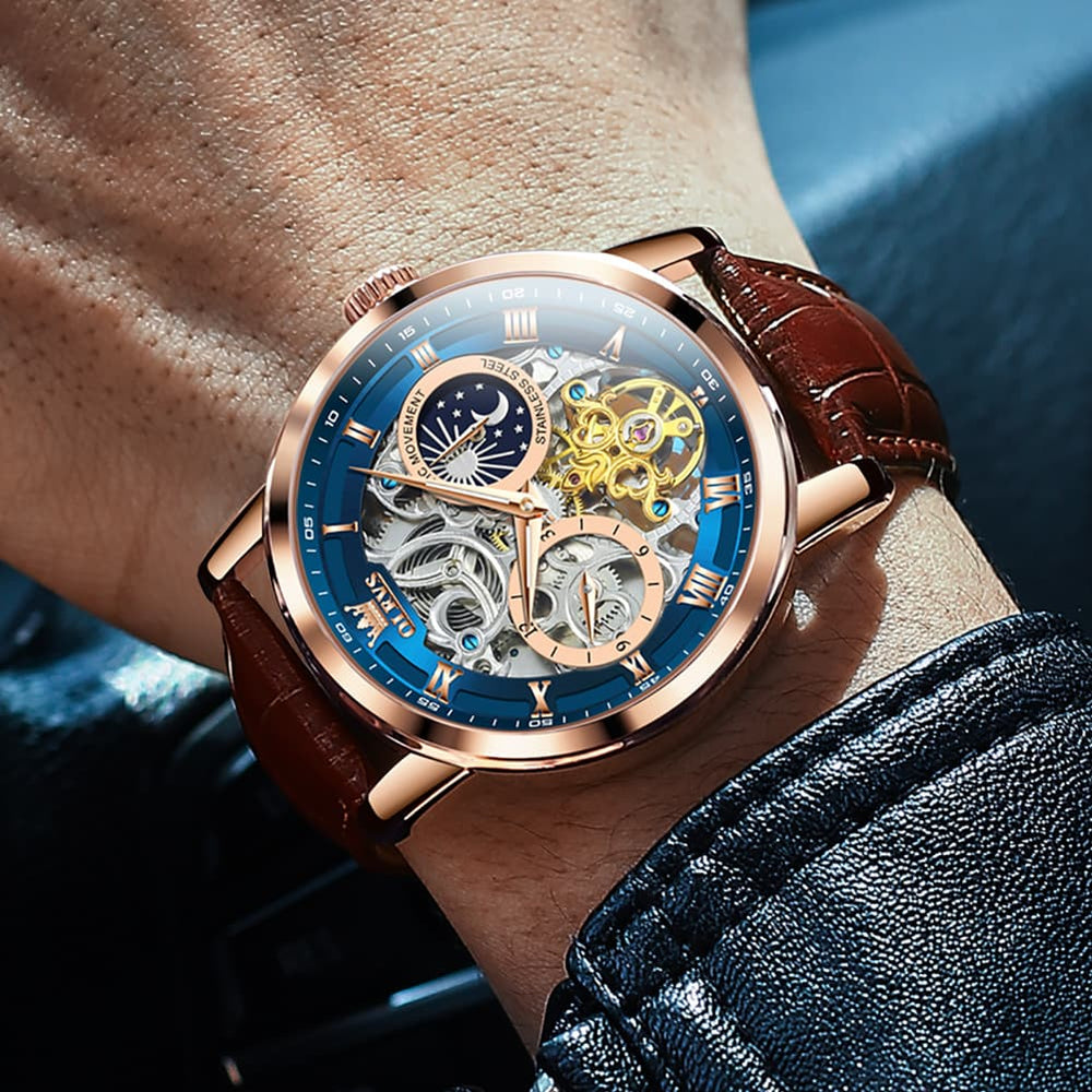OLEVS 6670P Leather Skeleton Moon Phase Watch for Men - Rose Gold Blue Watch | Olevs Watch Store
