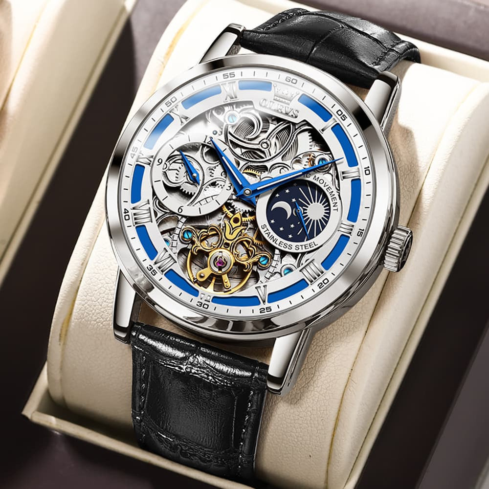 OLEVS 6670P Leather Skeleton Moon Phase Watch for Men - Rose Gold Blue Watch | Olevs Watch Store