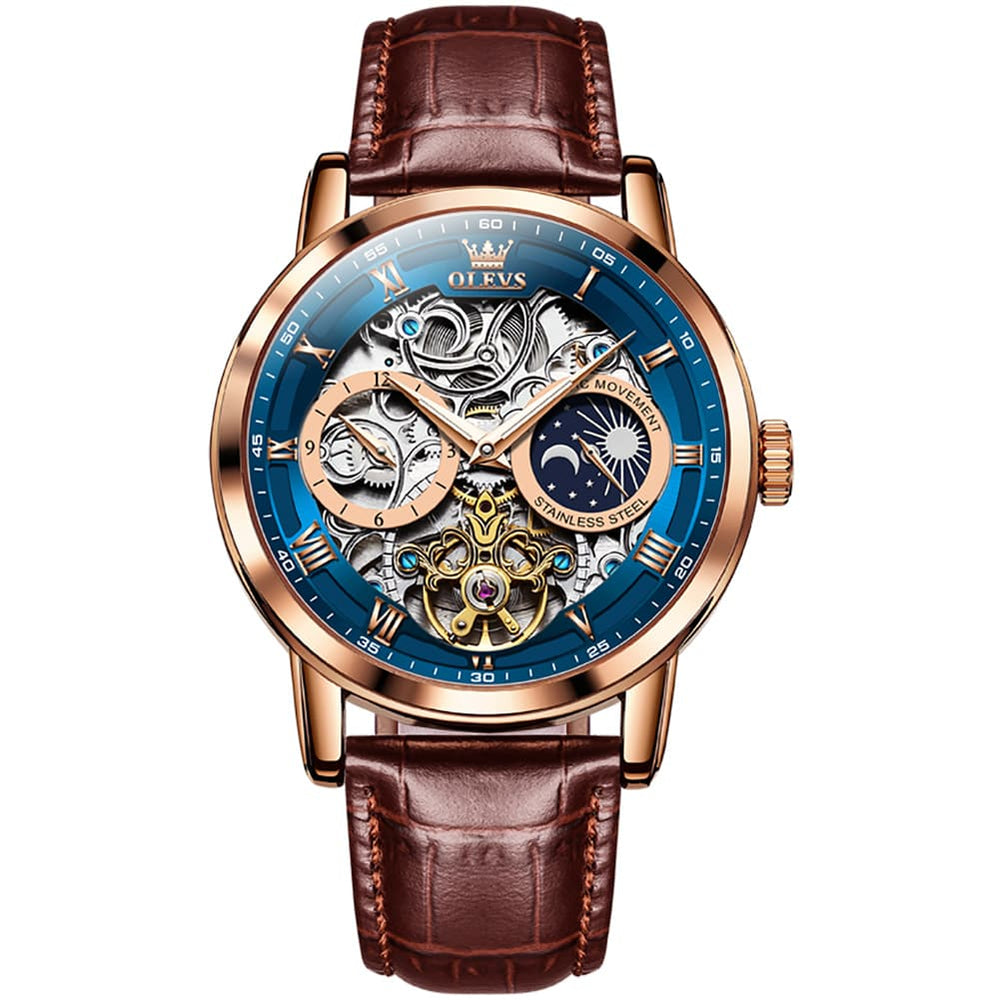 OLEVS 6670P Leather Skeleton Moon Phase Watch for Men - Rose Gold Blue Watch | Olevs Watch Store