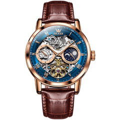 OLEVS 6670P Leather Skeleton Moon Phase Watch for Men - Rose Gold Blue Watch | Olevs Watch Store